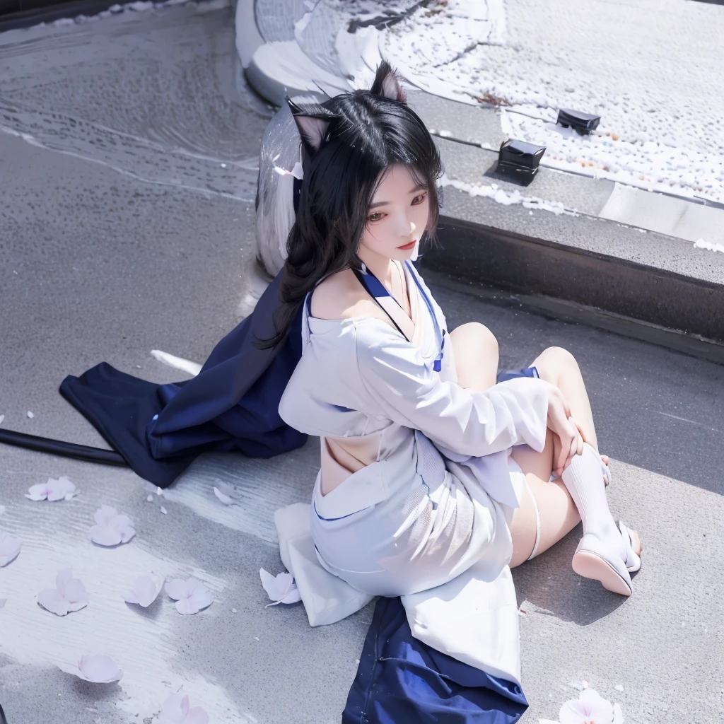 cat girl, black hair, white kimono, Blue Hakama, cherry blossom petals falling