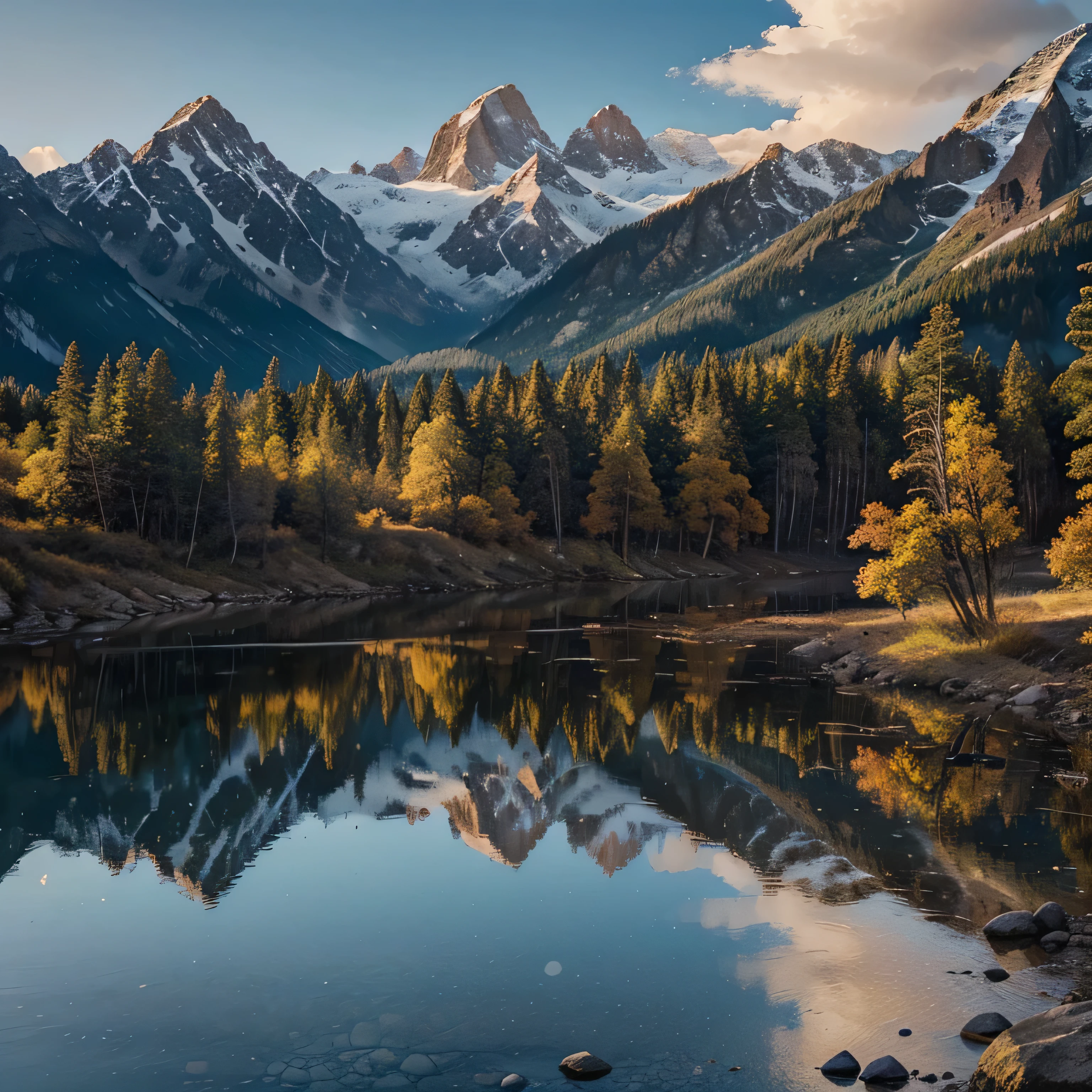 Describe the majestic beauty of mountains, highlighting their serene landscapes, towering peaks, and the sense of awe they inspire. Explore how their diverse ecosystems, seasonal changes, and panoramic views contribute to their grandeur. Consider the emotions and thoughts that arise when one stands before these natural giants.