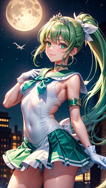masterpiece, highest quality, High resolution, Absurd, Super detailed, Cute eyes, Drenched body:2.0、Transparent nipples Jupiter, Green Eyes, ponytail, tiara, jewelry, Sailor Warrior Uniform, Green sailor collar, choker, Elbow hand pockets, White gloves, Pink ribbon, brooch, White leotard, Green Skirt, Sanding arm for pleated skirt_Crossed, Cowboy Shot, night, Outdoor, moon, smile, city,