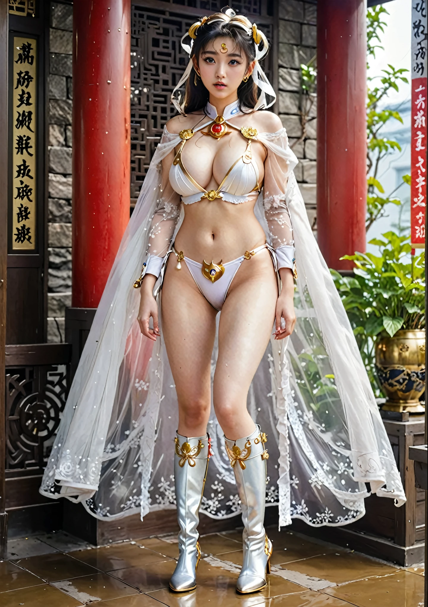 16-year-old Chinese Sailor Moon,Full body gold and white bikini armor,lustful look,Lustful eyes,Big eyes,Huge Breasts,Put on metal boots