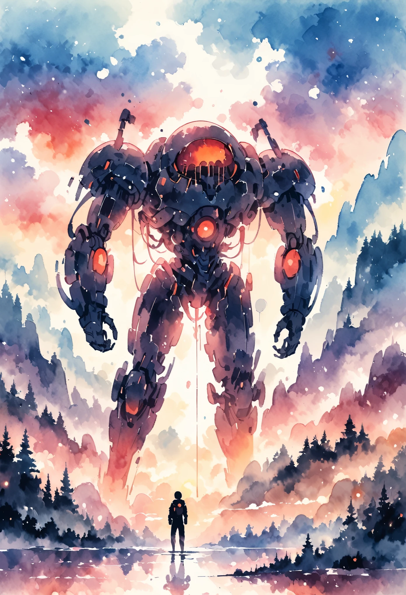 Watercolor landscape painting,Watercolor style,With people,huge,Strong,whole body,,Watercolor landscape painting,Watercolor style