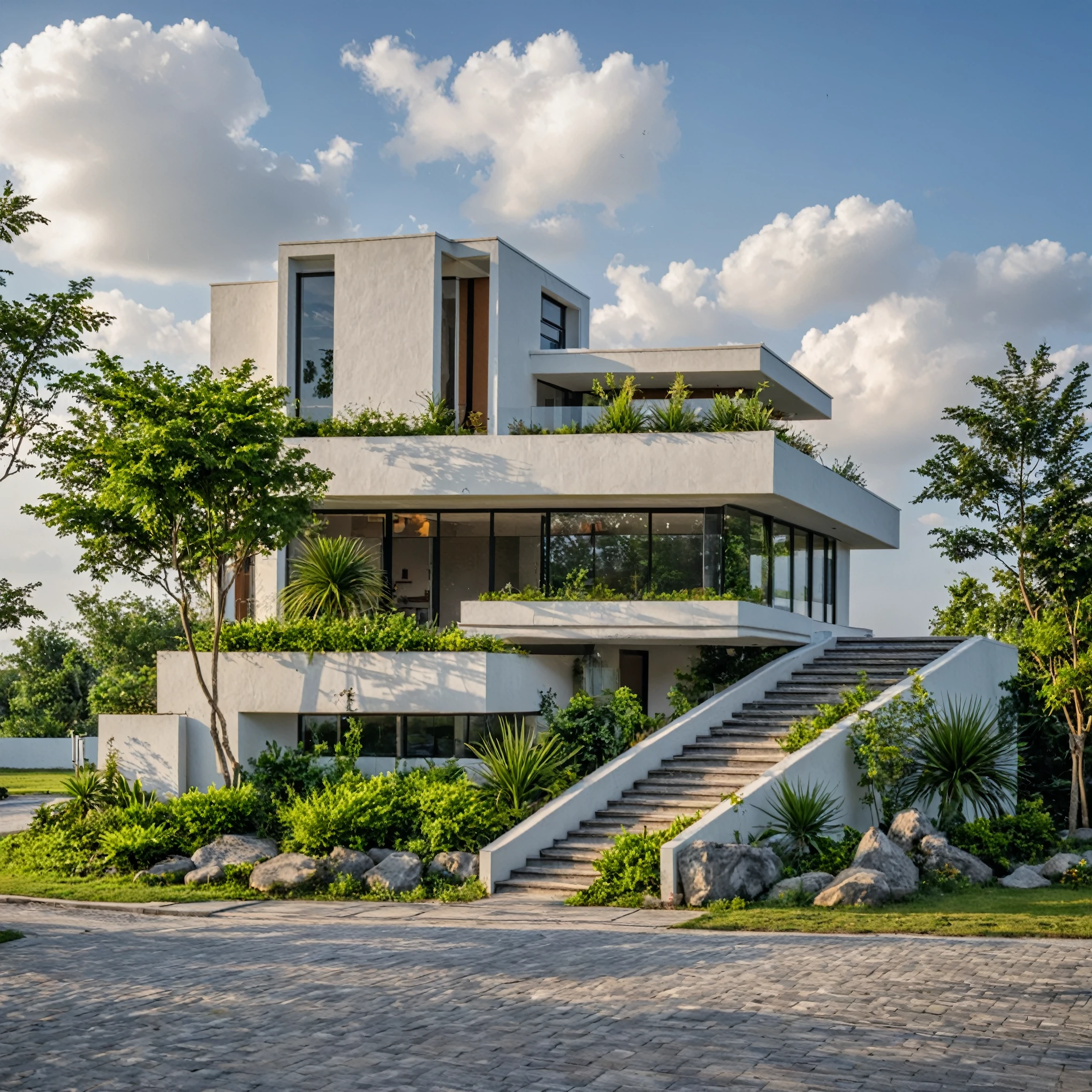 Masterpiece, high quality, best quality, authentic, super detail, outdoors, onestoreyvillaXL, aiaigroup, house style modern on the street ,stairs, white wall ,road,pavement, grass, trees, sky, cloud, (daylight:1.1)
