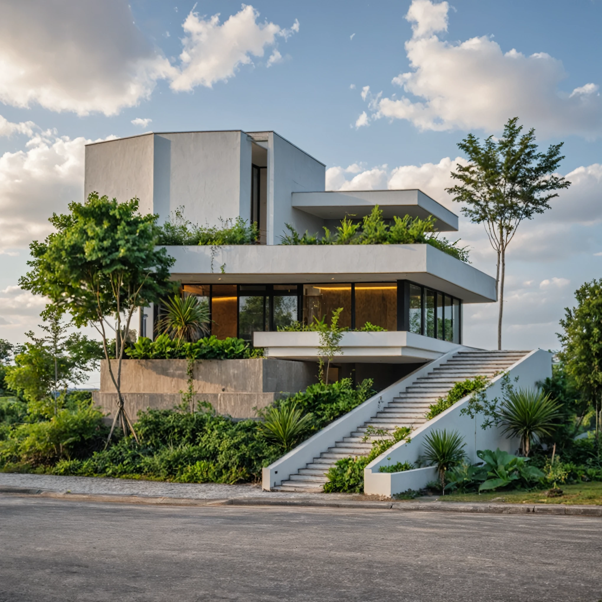 Masterpiece, high quality, best quality, authentic, super detail, outdoors, onestoreyvillaXL, aiaigroup, house style modern on the street ,stairs, white wall ,road,pavement, grass, trees, sky, cloud, (daylight:1.1)
