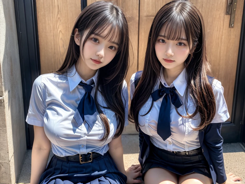 (8K, Raw photography, top-quality, masterpiece:1.2), master piece, best quality, illustration, Super detailed, fine details, High resolution, 8K,wall paper, perfect dynamic composition,(Details High quality, realistic depiction of eyes:1.3), ((2 girls, 2 schoolgirls)), The background is a luxury hotel room、High school girl uniform、blazer 、Super Short Check Uniform Skirt、Navy blue high socks、garterbelts、Colossal tits、Disturbed uniform, Play with each other,Touching each other's bodies,Touching the body of the girl next door, short bob hair, black hair color, huge breasts, Big Natural Color Lip, bold sexy pose, (perfect body shape), crying a little、cold gaze, Beautiful makeup,glitter makeup,Cutest 18 years old, beautiful legs, hposing Gravure Idol, Voluptuous thighs