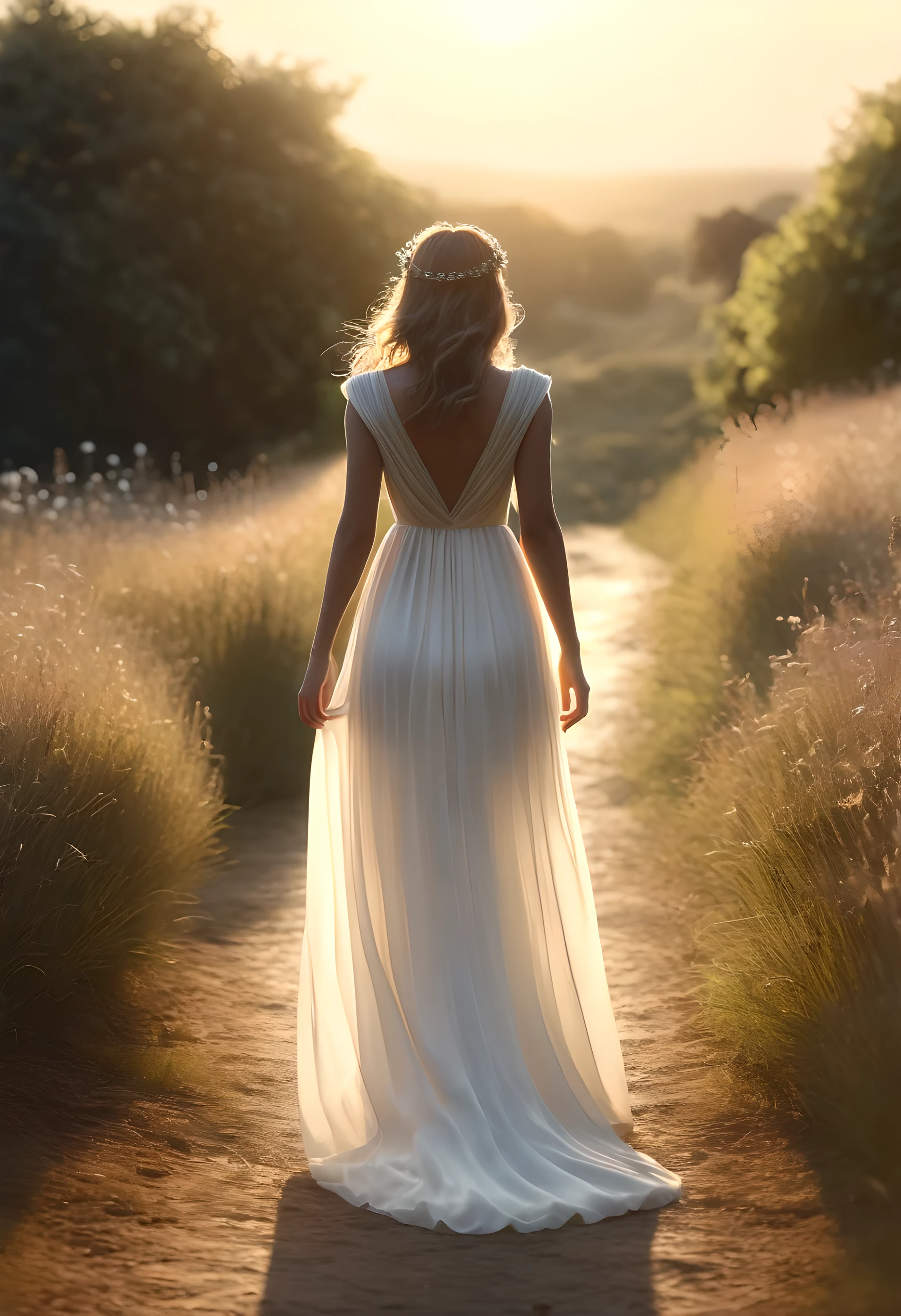 1girl, princess, long white dress, halo, backlit, walking away down sunset path, (best quality,4k,8k,highres,masterpiece:1.2),ultra-detailed,(realistic,photorealistic,photo-realistic:1.37),muted colors,backlighting,cinematic,ethereal,serene,graceful,flowing dress,delicate