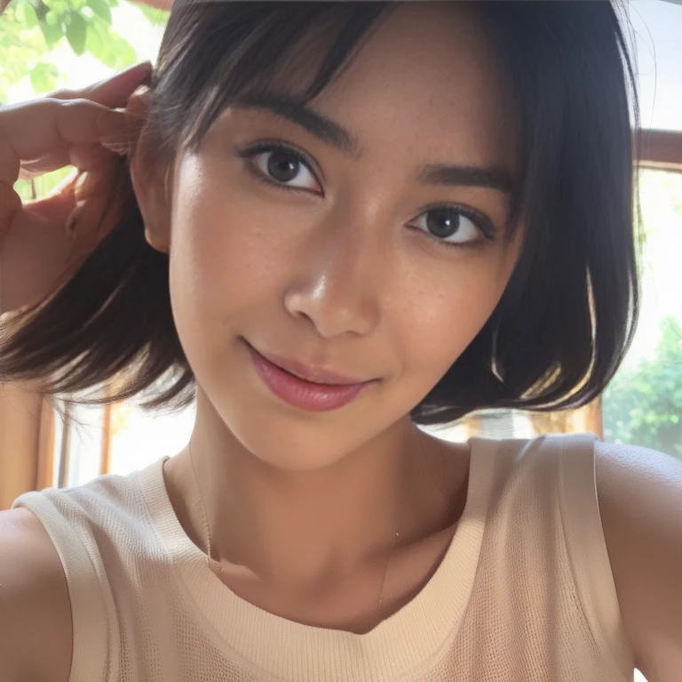 (Ultra Real), (Illustration), (High Resolution), (8K), (Very Detailed), (Best Illustration), (Beautiful Detailed Eyes), (Best Quality), (Ultra Detailed), (Masterpiece), (Wallpaper), (Detailed Face), Droopy Eyes, Sweaty, Upper Body Up, Armpits, windy tousling Hair, Inner Color, Solo, high cropped White Tank Top Girl, Japanese female, Big Tits, (Camel Toe)