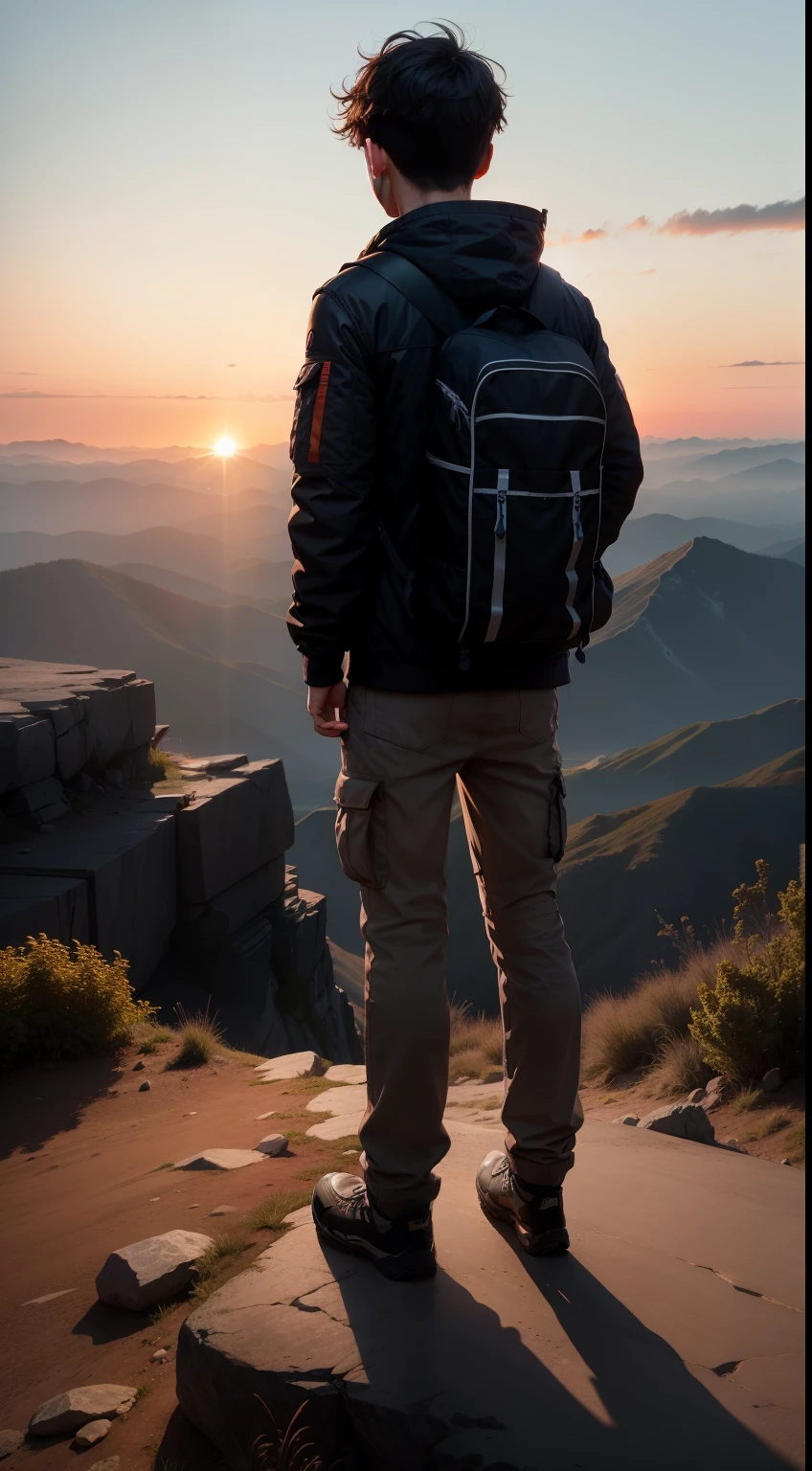 A boy standing on mountain,facing backside,realistic,sunset view,a healthy boy,fell dark for the sun