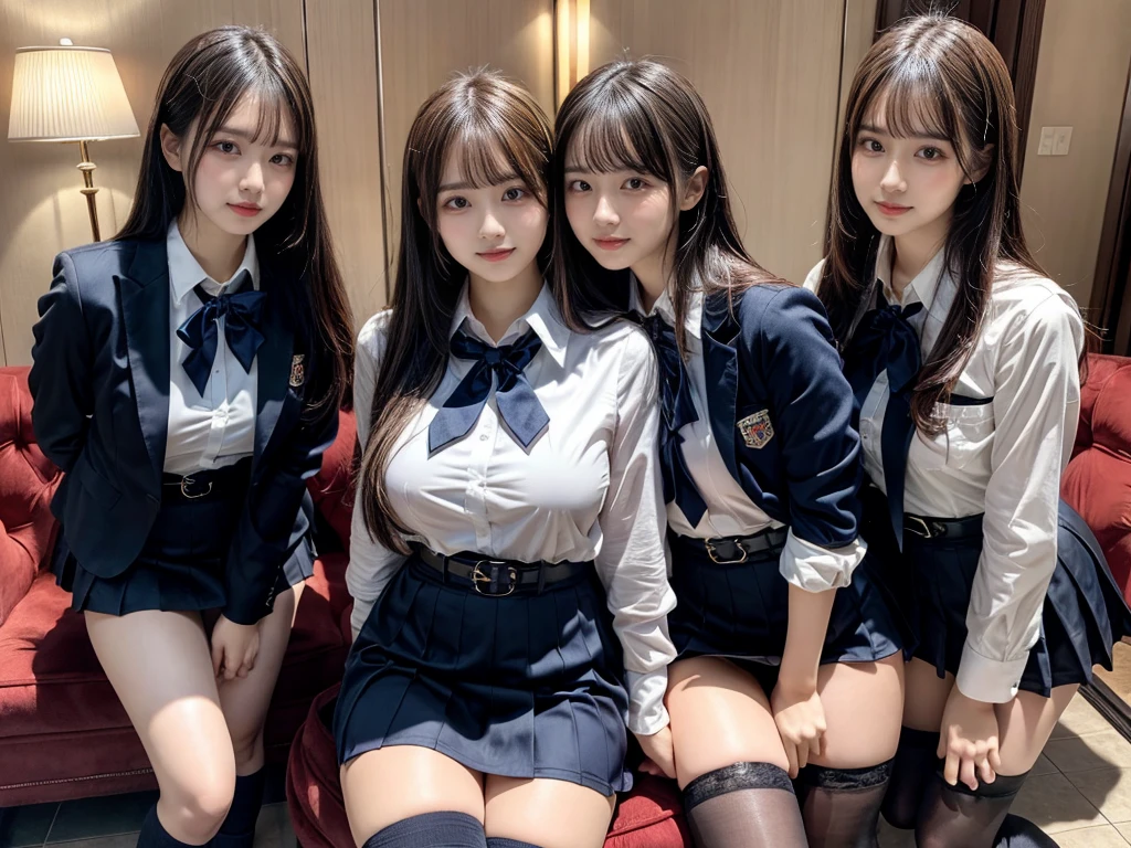 (8K, Raw photography, top-quality, masterpiece:1.2), master piece, best quality, illustration, Super detailed, fine details, High resolution, 8K,wall paper, perfect dynamic composition,(Details High quality, realistic depiction of eyes:1.3), ((2 girls, 2 schoolgirls)), The background is a luxury hotel room、High school girl uniform、blazer 、Super Short Check Uniform Skirt、Navy blue high socks、garterbelts、Colossal tits、Disturbed uniform, Play with each other,Touching each other's bodies,Touching the body of the girl next door, short bob hair, black hair color, huge breasts, Big Natural Color Lip, bold sexy pose, (perfect body shape), crying a little、cold gaze, Beautiful makeup,glitter makeup,Cutest 18 years old, beautiful legs, hposing Gravure Idol, Voluptuous thighs