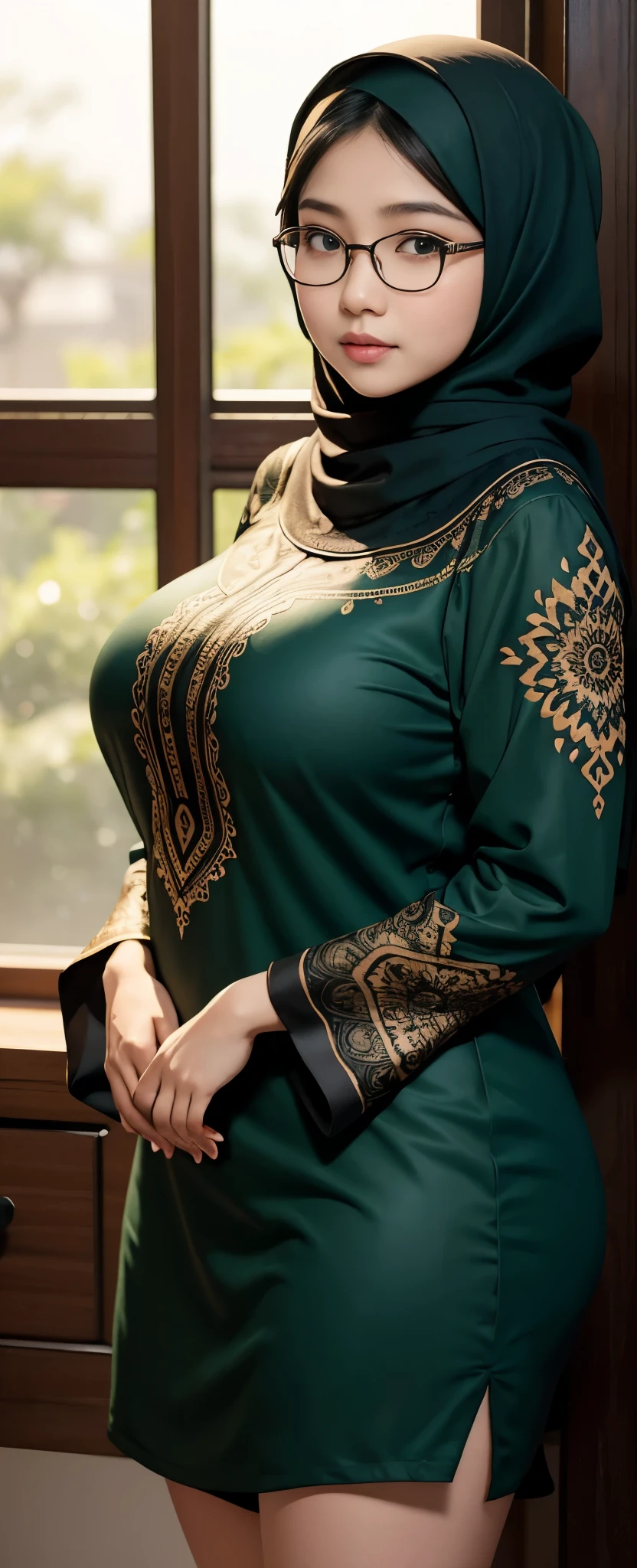 1 chinese-Indonesian girl, modern plain hijab, shy, medium portrait, watery eyes, wearing dark green indonesian Clothes, ((big breasts)), black bokeh background, well-proportioned body,, chubby massive thighs, full body pose, Hena art on the body, hena art the body, full body view,  Hena art on the body, hena art the body , Hena art on the body, hena art the body, Hena art on the body, hena art the body, Hena art on the body, hena art the body, glasses 