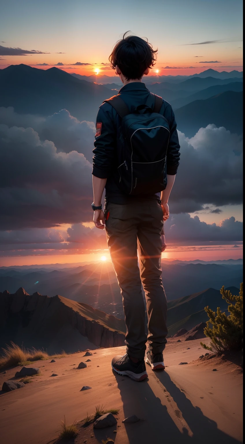 A boy standing on mountain,facing backside,realistic,sunset view,a healthy boy,fell dark for the sun