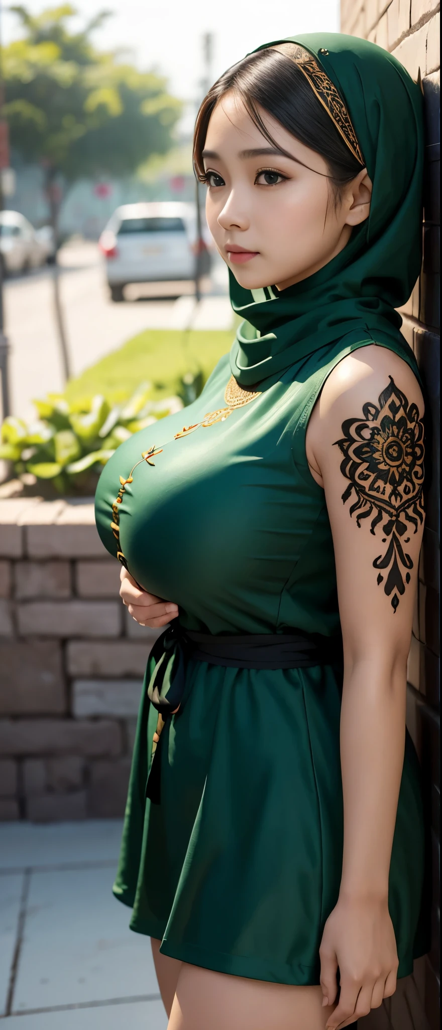 1 chinese-Indonesian girl, modern plain hijab, shy, medium portrait, watery eyes, wearing dark green indonesian Clothes, ((big breasts)), black bokeh background, well-proportioned body,, chubby massive thighs, full body pose, Hena art on the body, hena art the body, full body view,  Hena art on the body, hena art the body , Hena art on the body, hena art the body, Hena art on the body, hena art the body, Hena art on the body, hena art the body