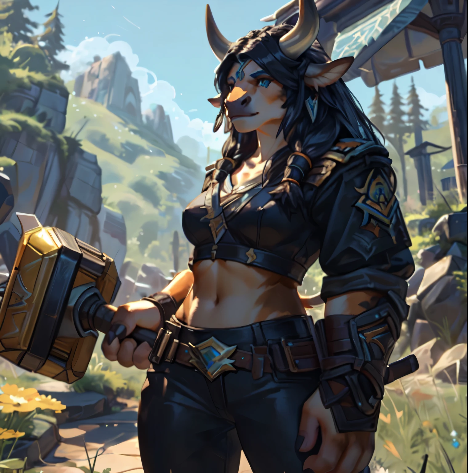 teen, minotauren, tauren, world_of_warcraft, female, girl, 1girl, simple_leather_clothing, 2horns, 2fingers_and_thump, anthro, hammer, hammer_in_right_hand, standing, bare_Midriff, midriff_top, full_body, nature_background, small_breasts, simple_horns, white_horns, cow_horns, bull_horns,