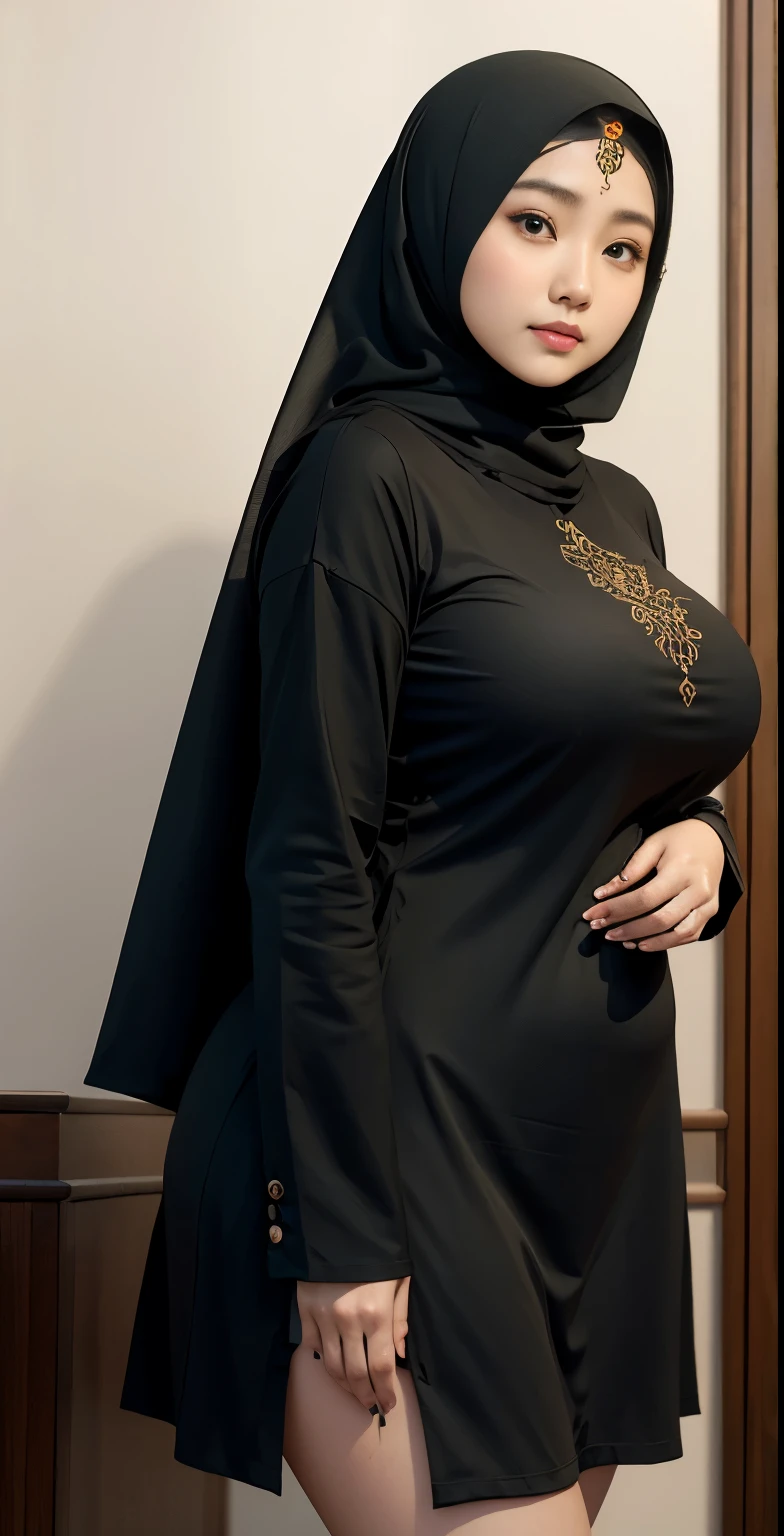 1 chinese-Indonesian girl, modern plain hijab, shy, medium portrait, watery eyes, wearing dark green indonesian Clothes, ((big breasts)), black bokeh background, well-proportioned body,, chubby massive thighs, full body pose, Hena art on the body, hena art the body, full body view, Hena art on the body, hena art the body , Hena art on the body, hena art the body, Hena art on the body, hena art the body, Hena art on the body, hena art the body