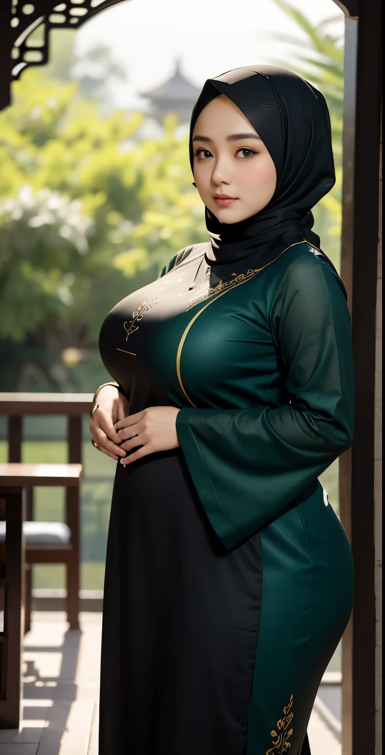 1 chinese-Indonesian girl, modern plain hijab, shy, medium portrait, watery eyes, wearing dark green indonesian Clothes, ((big breasts)), black bokeh background, well-proportioned body,, chubby massive thighs, full body pose, Hena art on the body, hena art the body, full body view,  Hena art on the body, hena art the body , Hena art on the body, hena art the body, Hena art on the body, hena art the body, Hena art on the body, hena art the body