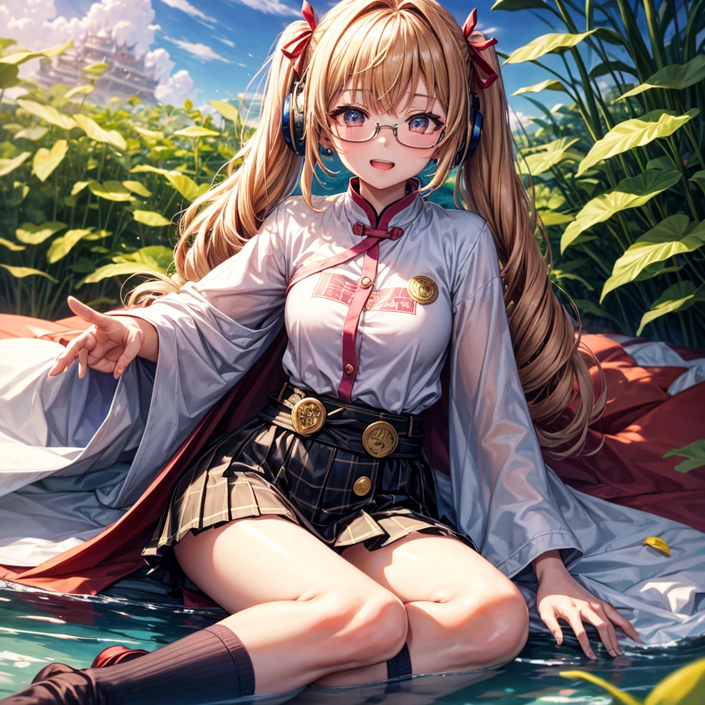 Pink Blue Gold Golden Hair、Golden Eyes、One good looking girl、Twin tails、solo、anime、Checkered mini skirt、The skirt has buttons、Red T-shirt、China、Cape、Black knee-high socks、Wearing headphones、Wearing a ribbon、Ribbon on waist、Tilting face、Teeth are visible、Sunset sky、Water Mountain、Piercing the clouds、Contrail、Tinted Glasses、tree、Touching your face、lotus leaves、canal、Cumulonimbus、bamboo forest、Lying down