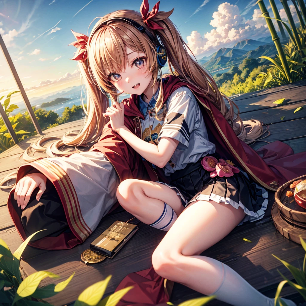 Pink Blue Gold Golden Hair、Golden Eyes、One good looking girl、Twin tails、solo、anime、Checkered mini skirt、The skirt has buttons、Red T-shirt、China、Cape、Black knee-high socks、Wearing headphones、Wearing a ribbon、Ribbon on waist、Tilting face、Teeth are visible、Sunset sky、Water Mountain、Piercing the clouds、Contrail、Tinted Glasses、tree、Touching your face、lotus leaves、canal、Cumulonimbus、bamboo forest、Lying down