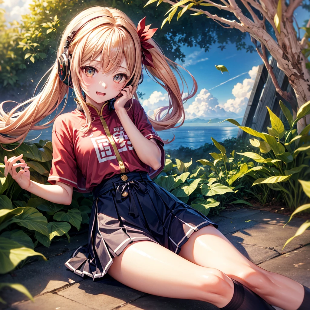 Pink Blue Gold Golden Hair、Golden Eyes、One good looking girl、Twin tails、solo、anime、Checkered mini skirt、The skirt has buttons、Red T-shirt、China、Cape、Black knee-high socks、Wearing headphones、Wearing a ribbon、Ribbon on waist、Tilting face、Teeth are visible、Sunset sky、Water Mountain、Piercing the clouds、Contrail、Tinted Glasses、tree、Touching your face、lotus leaves、canal、Cumulonimbus、bamboo forest、Lying down