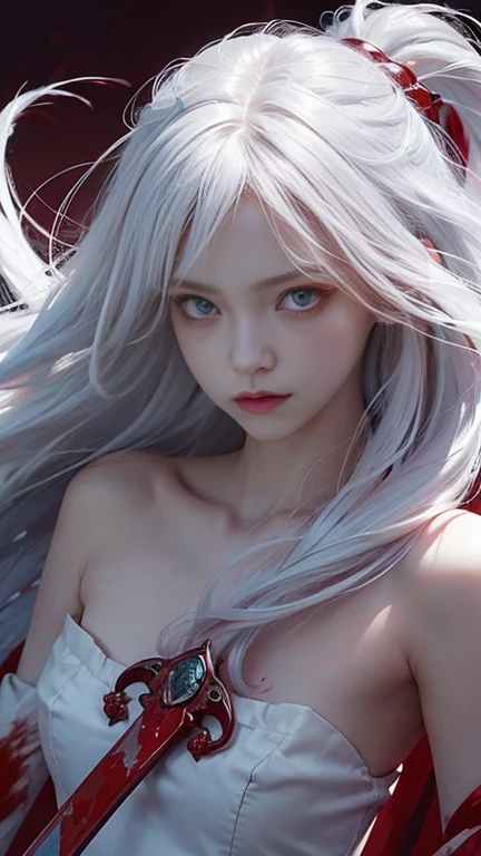 cute_girl, Ghost,Fair_skin,slim,Oval face,Light_blush,Red Eyes,demon_wing,lol,(white hair), long red hair, Red Eyes, (whole body), (((With sword))), angry face, (Beautiful and delicate eyes), Blood Drop,Blood Mist, Flowing hair, disheveled hair, Splashing blood,(Blood),
