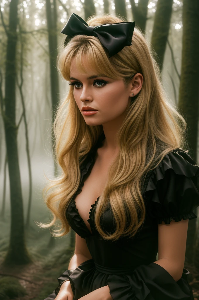 Detailed Photo of 1 bbardot woman with dark eye makeup and a black bow on her head, detailed face, Beautiful, Perfect Eyes, (highly detailed skin:1.1), perfect body, wearing a swing dress, Professional Photography, Soft Lighting, Photorealistic, Realistic, ((Fog:1.2)), ((in a Forest background)), blurred background, volumetric fog, God Rays, Bokeh, RAW, analog style, sharp focus, 8k, high res, DSLR, high quality, Fujifilm XT3, film grain, award winning, stunning