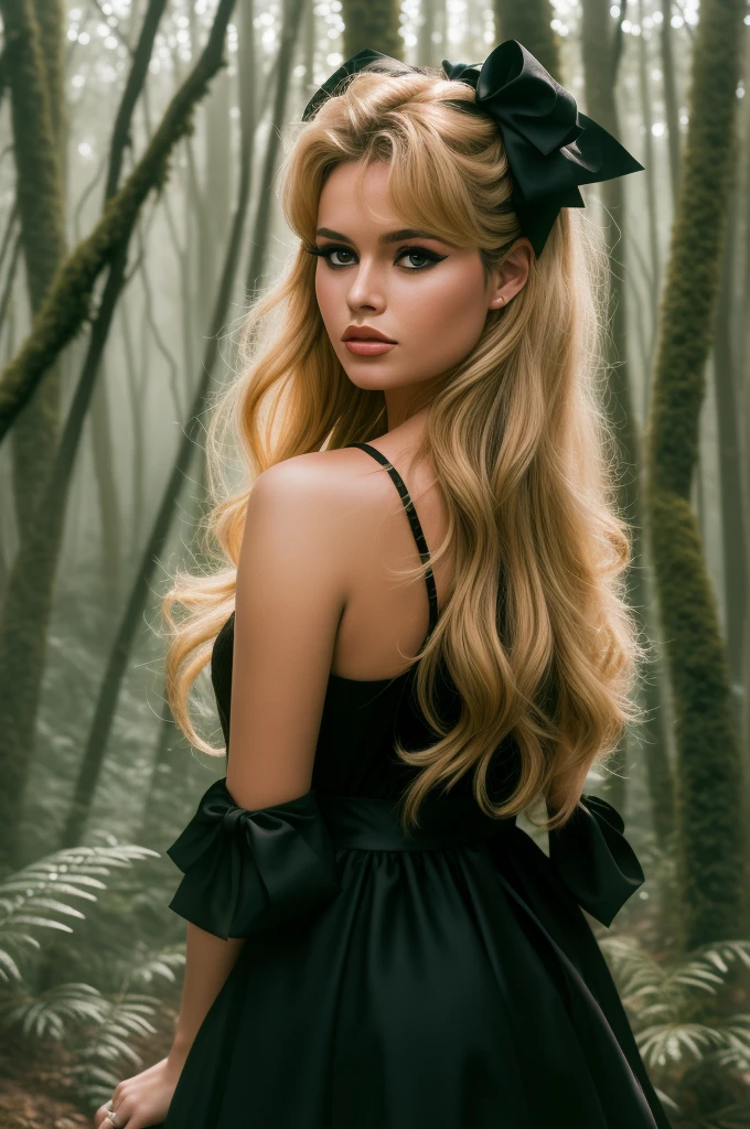 Detailed Photo of 1 bbardot woman with dark eye makeup and a black bow on her head, detailed face, Beautiful, Perfect Eyes, (highly detailed skin:1.1), perfect body, wearing a swing dress, Professional Photography, Soft Lighting, Photorealistic, Realistic, ((Fog:1.2)), ((in a Forest background)), blurred background, volumetric fog, God Rays, Bokeh, RAW, analog style, sharp focus, 8k, high res, DSLR, high quality, Fujifilm XT3, film grain, award winning, stunning