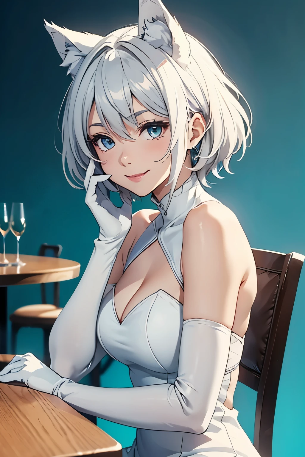 Tabletop　 Best image quality　wonderful　Attention to detail　One Young Woman（（Adult））Anime Style　whole body　White long dress（Sleeveless）　White long gloves（Elbow Gloves）　White pantyhose（Plain）　Wolf Ears　short hair（（Shortcuts）（Gray Hair）（Curly Hair）（fluffy））　smile（Happy）　Eye color is blue　background（Hotel）　Sit on a chair