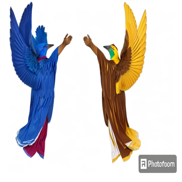 two birds are flying in the air with their wings spread,