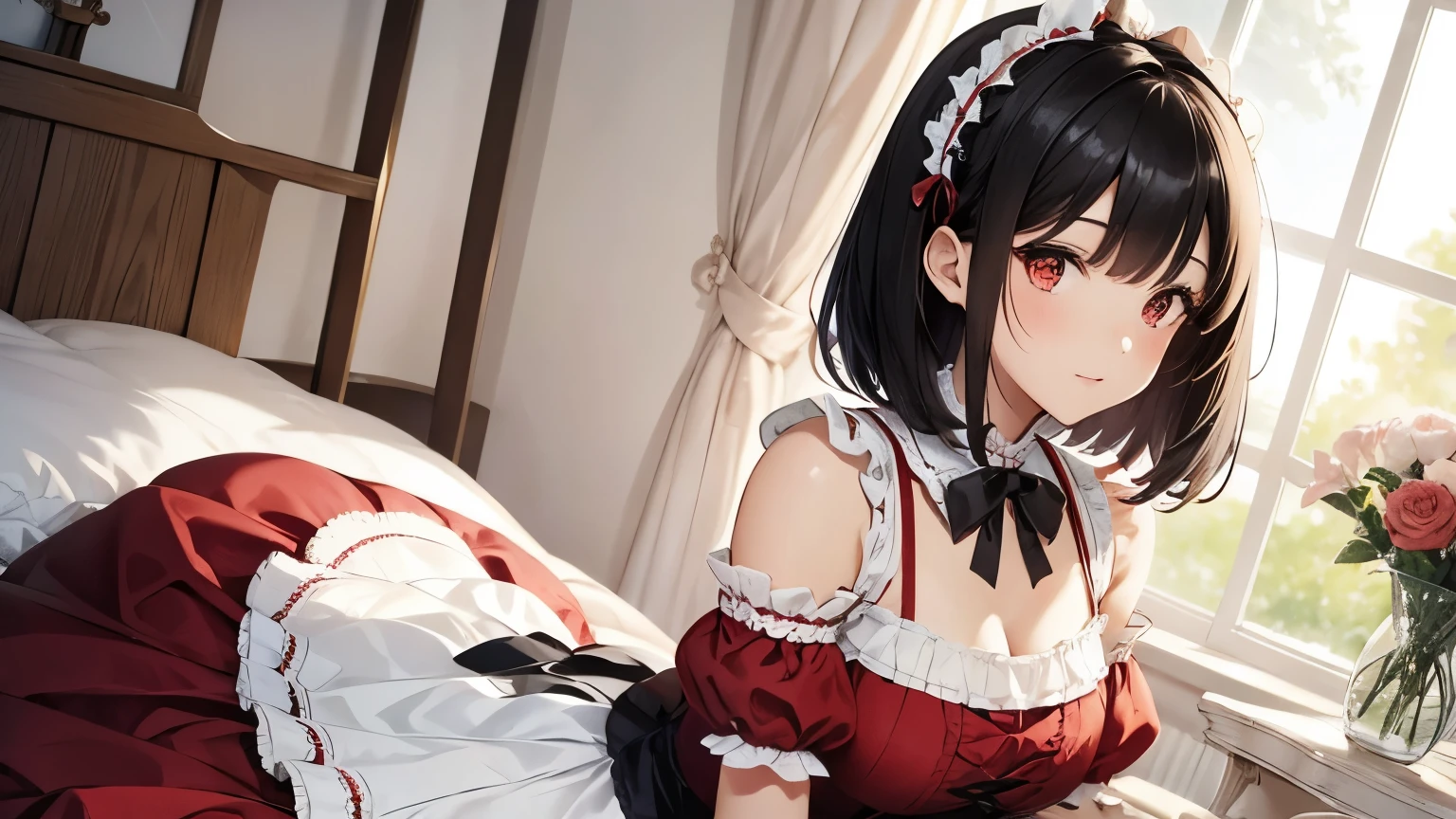 A beautiful woman wearing a red and white sweet lolita dress with lots of frills and lace Black hair bob hair accessory Upper Body