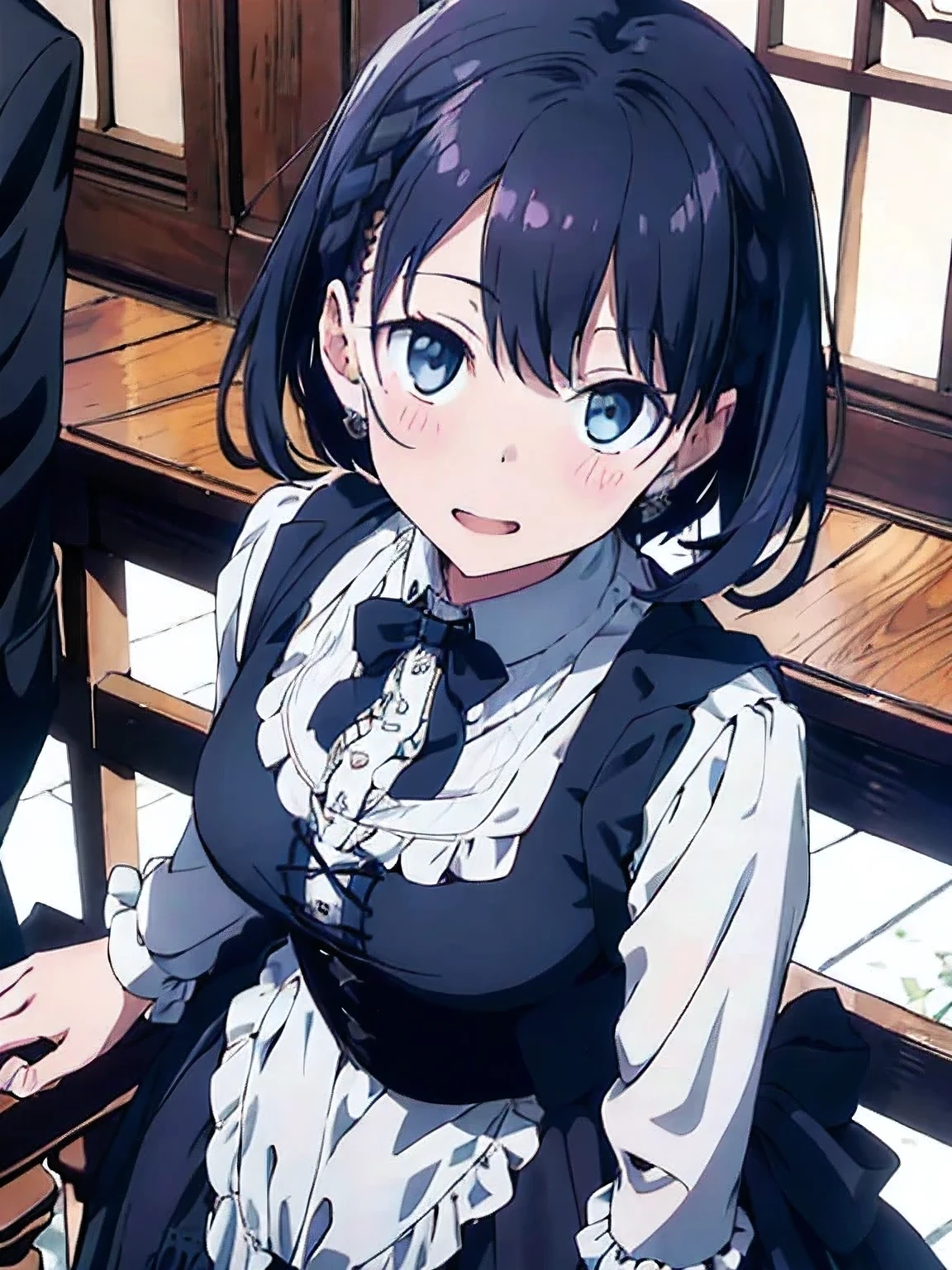 ("Gothic Lolicon ??? Japan Girl Fullbody, Rich Man's Admiration - A High-Quality, Detailed Image
From a slightly elevated perspective, a young Japanese girl, dressed in a gothic lolita style, is prominently displayed against a dark, ornate backdrop. She stands tall, her eyes casting a captivating gaze towards the viewer, a hint of intrigue in her expression. Her hair, a raven black cascade, is styled in a complex, elaborate design, reminiscent of Victorian era fashion. The rich man, in the foreground, is seen leaning against a luxurious marble railing, his eyes fixed on the girl's full