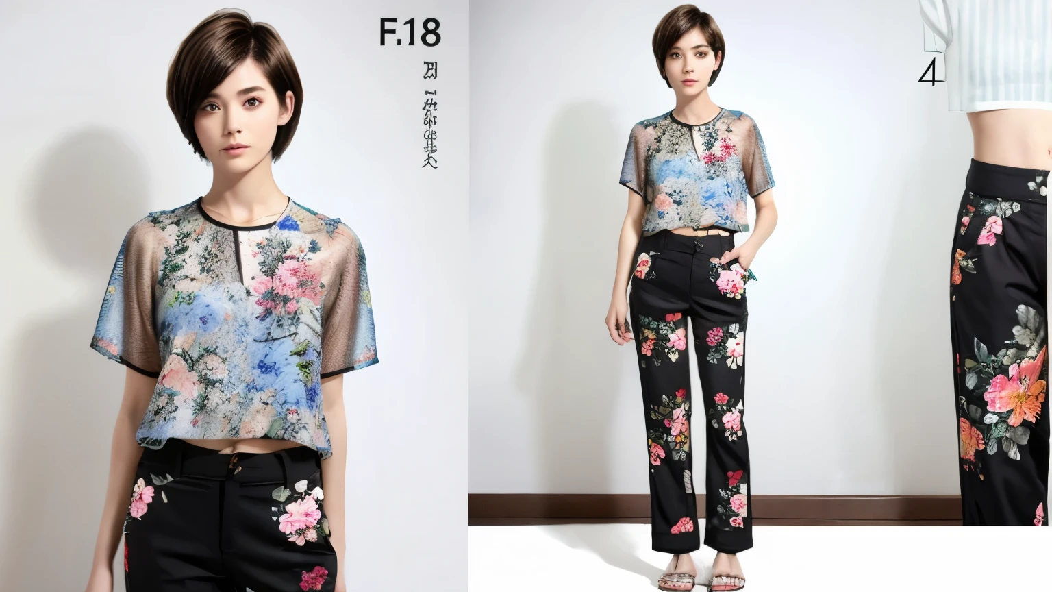 229 (18-year-old female,Floral clothes), ((short hair:1.46)), (Pants Style)