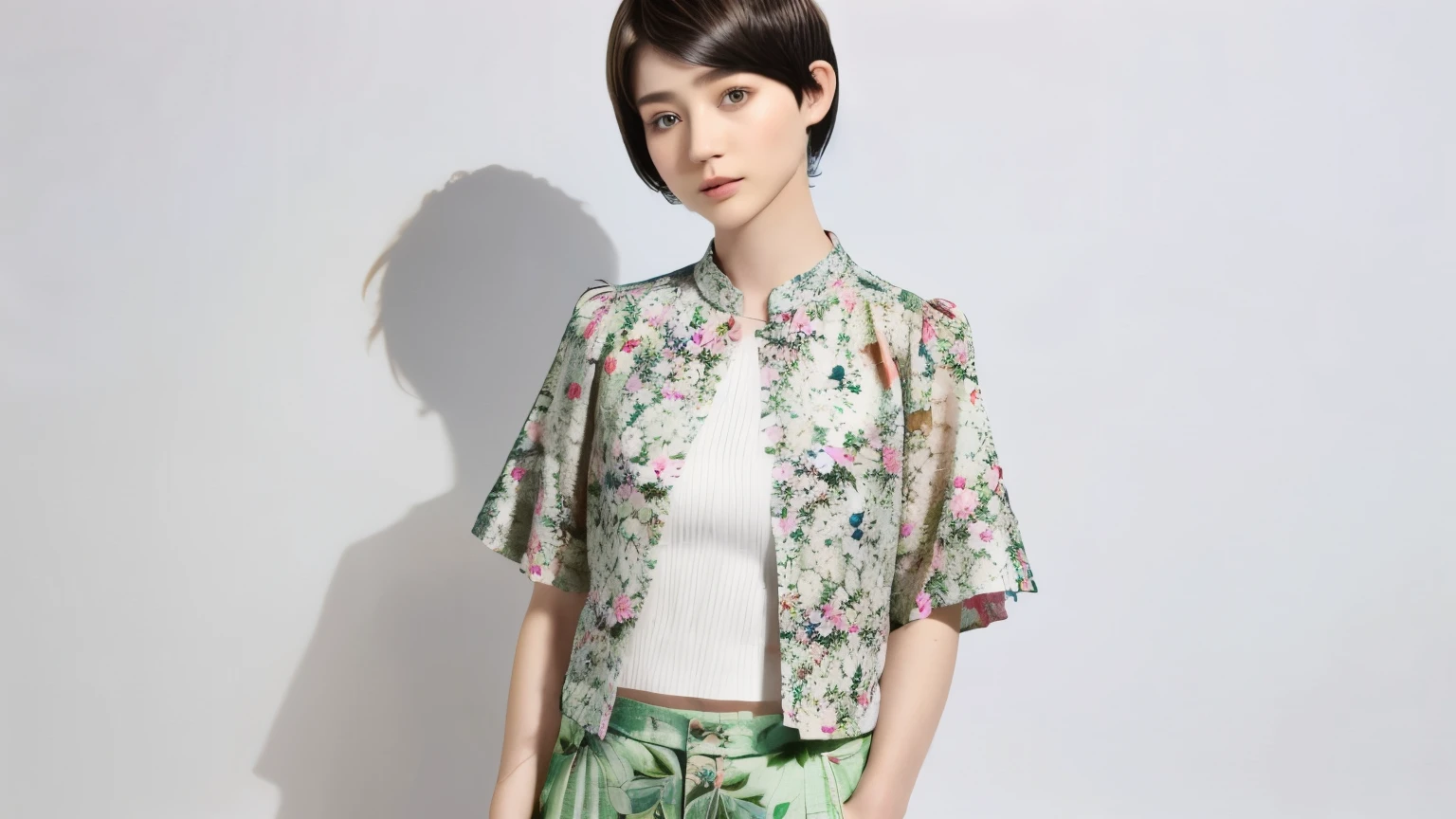 229 (18-year-old female,Floral clothes), ((short hair:1.46)), (Pants Style)