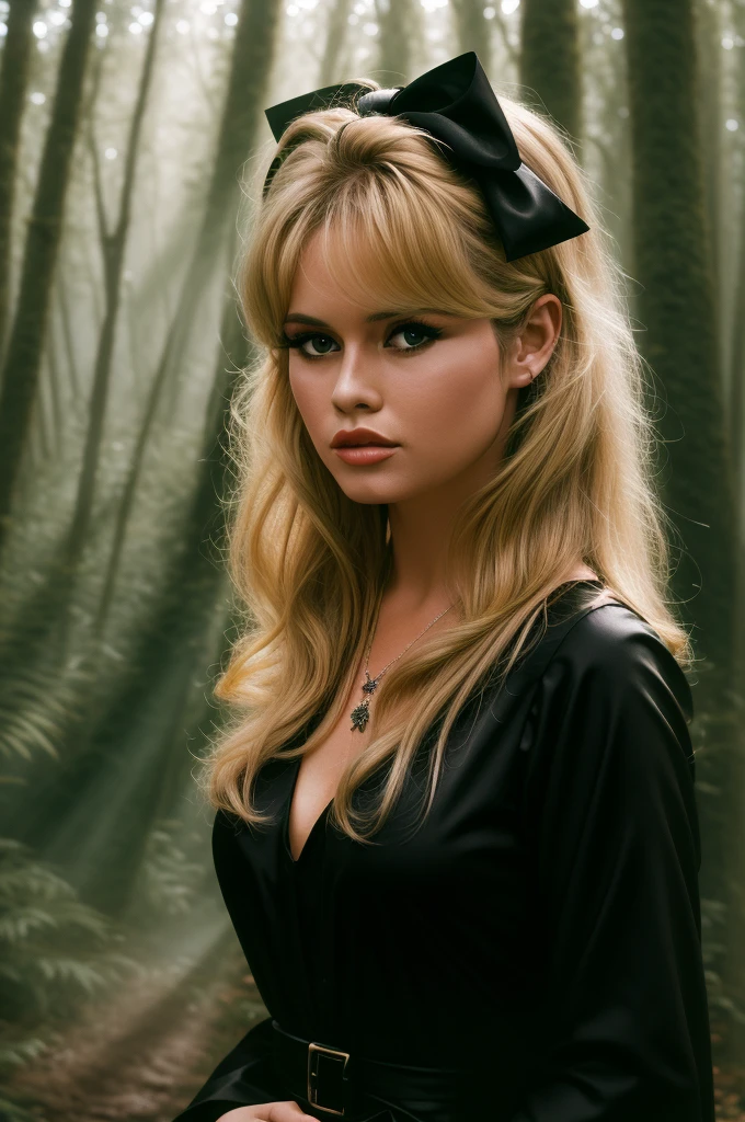 Detailed Photo of 1 bbardot woman with dark eye makeup and a black bow on her head, detailed face, Beautiful, Perfect Eyes, (highly detailed skin:1.1), perfect body, wearing a swing dress, Professional Photography, Soft Lighting, Photorealistic, Realistic, ((Fog:1.2)), ((in a Forest background)), blurred background, volumetric fog, God Rays, Bokeh, RAW, analog style, sharp focus, 8k, high res, DSLR, high quality, Fujifilm XT3, film grain, award winning, stunning