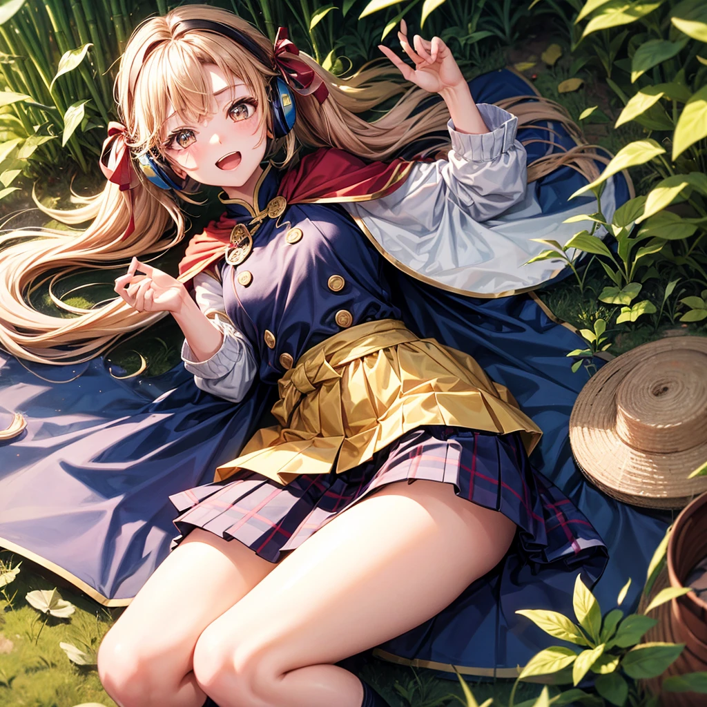 Pink Blue Gold Golden Hair、Golden Eyes、One good looking girl、Twin tails、solo、anime、Checkered mini skirt、The skirt has buttons、Red T-shirt、China、Cape、Black knee-high socks、Wearing headphones、Wearing a ribbon、Ribbon on waist、Tilting face、Teeth are visible、Sunset sky、Water Mountain、Piercing the clouds、Contrail、Tinted Glasses、tree、Touching your face、lotus leaves、canal、Cumulonimbus、bamboo forest、Lying down