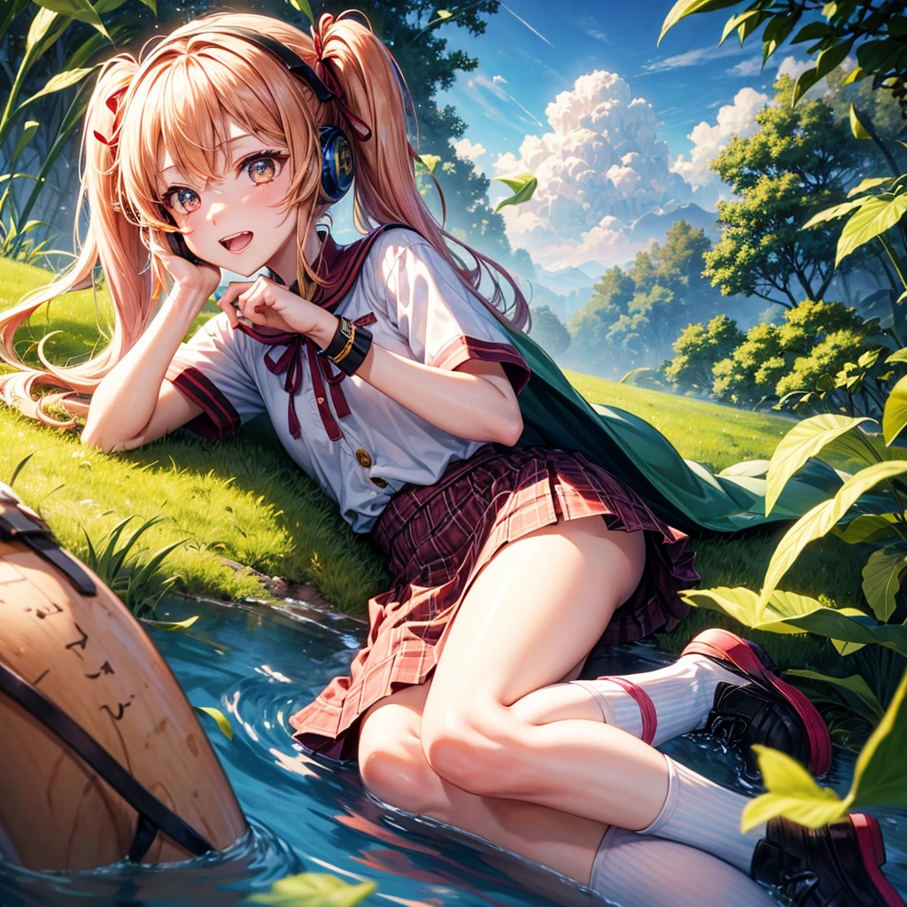Pink Blue Gold Golden Hair、Golden Eyes、One good looking girl、Twin tails、solo、anime、Checkered mini skirt、The skirt has buttons、Red T-shirt、China、Cape、Black knee-high socks、Wearing headphones、Wearing a ribbon、Ribbon on waist、Tilting face、Teeth are visible、Sunset sky、Water Mountain、Piercing the clouds、Contrail、Tinted Glasses、tree、Touching your face、lotus leaves、canal、Cumulonimbus、bamboo forest、Lying down