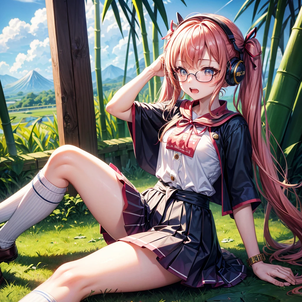 Pink Blue Gold Golden Hair、Golden Eyes、One good looking girl、Twin tails、solo、anime、Checkered mini skirt、The skirt has buttons、Red T-shirt、China、Cape、Black knee-high socks、Wearing headphones、Wearing a ribbon、Ribbon on waist、Tilting face、Teeth are visible、Sunset sky、Water Mountain、Piercing the clouds、Contrail、Tinted Glasses、tree、Touching your face、lotus leaves、canal、Cumulonimbus、bamboo forest、Lying down
