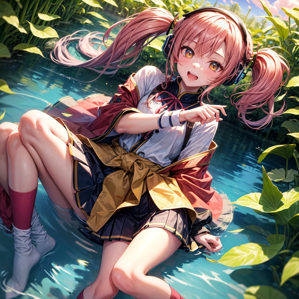 Pink Blue Gold Golden Hair、Golden Eyes、One good looking girl、Twin tails、solo、anime、Checkered mini skirt、The skirt has buttons、Red T-shirt、China、Cape、Black knee-high socks、Wearing headphones、Wearing a ribbon、Ribbon on waist、Tilting face、Teeth are visible、Sunset sky、Water Mountain、Piercing the clouds、Contrail、Tinted Glasses、tree、Touching your face、lotus leaves、canal、Cumulonimbus、bamboo forest、Lying down