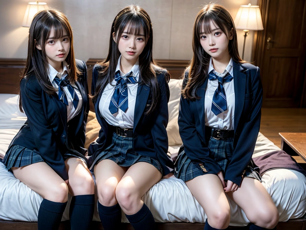 (8K, Raw photography, top-quality, masterpiece:1.2), master piece, best quality, illustration, Super detailed, fine details, High resolution, 8K,wall paper, perfect dynamic composition,(Details High quality, realistic depiction of eyes:1.3), ((2 girls, 2 schoolgirls)), The background is a luxury hotel room、High school girl uniform、blazer 、Super Short Check Uniform Skirt、Navy blue high socks、garterbelts、Colossal tits、Disturbed uniform, Play with each other,Touching each other's bodies,Touching the body of the girl next door, short bob hair, black hair color, huge breasts, Big Natural Color Lip, bold sexy pose, (perfect body shape), crying a little、cold gaze, Beautiful makeup,glitter makeup,Cutest 18 years old, beautiful legs, hposing Gravure Idol, Voluptuous thighs