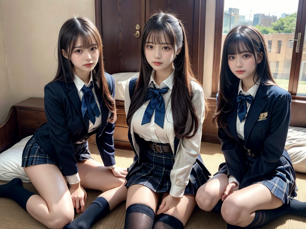 (8K, Raw photography, top-quality, masterpiece:1.2), master piece, best quality, illustration, Super detailed, fine details, High resolution, 8K,wall paper, perfect dynamic composition,(Details High quality, realistic depiction of eyes:1.3), ((2 girls, 2 schoolgirls)), The background is a luxury hotel room、High school girl uniform、blazer 、Super Short Check Uniform Skirt、Navy blue high socks、garterbelts、Colossal tits、Disturbed uniform, Play with each other,Touching each other's bodies,Touching the body of the girl next door, short bob hair, black hair color, huge breasts, Big Natural Color Lip, bold sexy pose, (perfect body shape), crying a little、cold gaze, Beautiful makeup,glitter makeup,Cutest 18 years old, beautiful legs, hposing Gravure Idol, Voluptuous thighs
