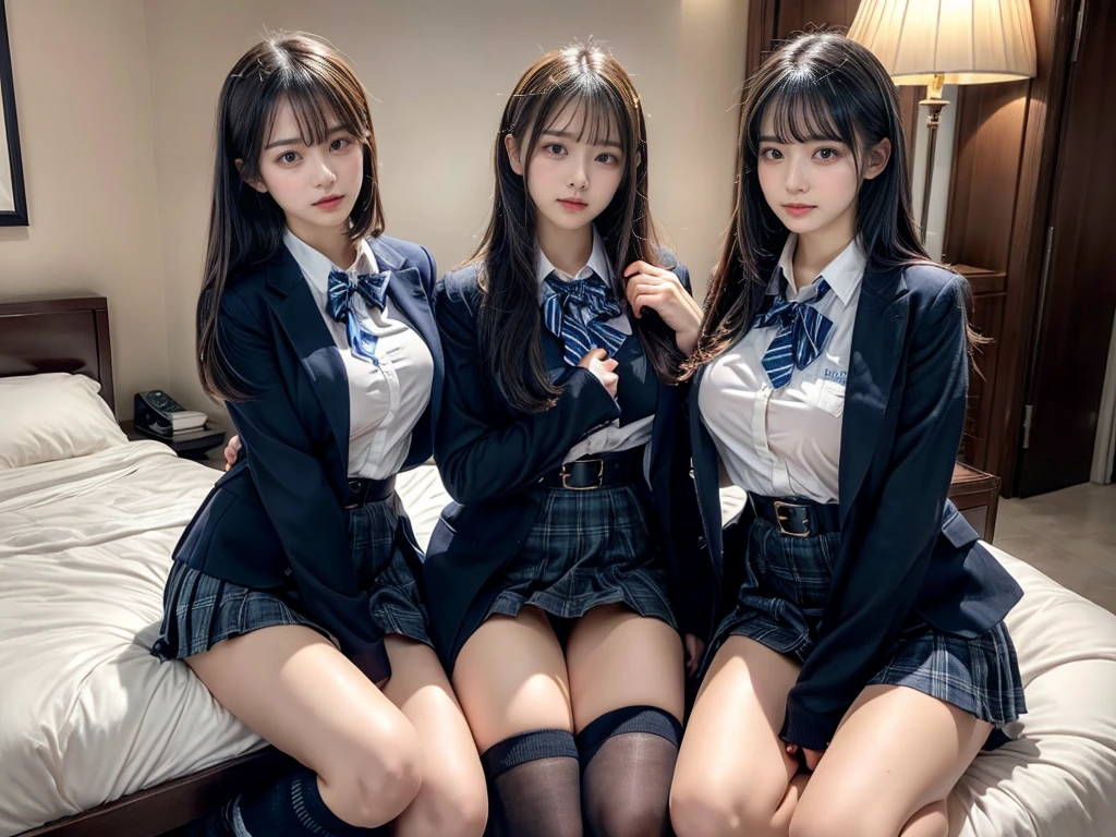(8K, Raw photography, top-quality, masterpiece:1.2), master piece, best quality, illustration, Super detailed, fine details, High resolution, 8K,wall paper, perfect dynamic composition,(Details High quality, realistic depiction of eyes:1.3), ((2 girls, 2 schoolgirls)), The background is a luxury hotel room、High school girl uniform、blazer 、Super Short Check Uniform Skirt、Navy blue high socks、garterbelts、Colossal tits、Disturbed uniform, Play with each other,Touching each other's bodies,Touching the body of the girl next door, short bob hair, black hair color, huge breasts, Big Natural Color Lip, bold sexy pose, (perfect body shape), crying a little、cold gaze, Beautiful makeup,glitter makeup,Cutest 18 years old, beautiful legs, hposing Gravure Idol, Voluptuous thighs