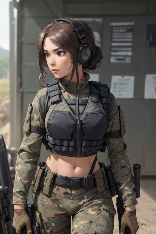 ((a group woman in a black outfit holding a rifle and wearing headphones)), 24-year-old woman, Filipino woman, tan bronze skin, soldier girl, mechanized soldier girl, military girl, beautiful female soldier, female lead character, infantry girl, of a sniper girl in war, solo female character, future combat gear, close up half body shot, ((Women in crop top military bulletproof vest)), (showing navel), quiet from metal gear solid v, wearing tactical gear, dressed in tactical armor, (aiming rifle)