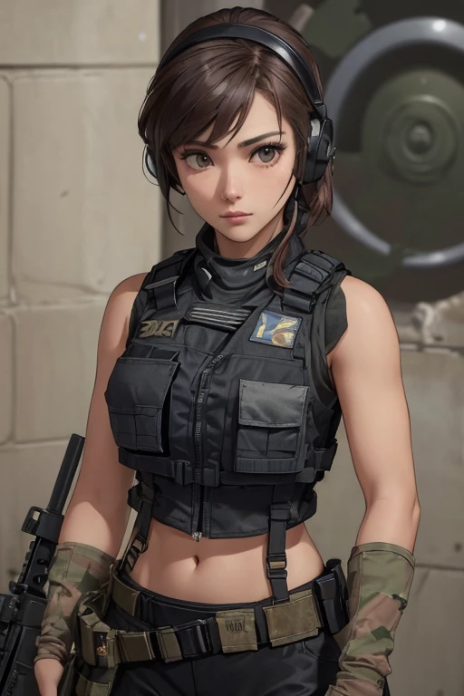 ((a group woman in a black outfit holding a rifle and wearing headphones)), 24-year-old woman, Filipino woman, tan bronze skin, soldier girl, mechanized soldier girl, military girl, beautiful female soldier, female lead character, infantry girl, of a sniper girl in war, solo female character, future combat gear, close up half body shot, ((Women in crop top military bulletproof vest)), (showing navel), quiet from metal gear solid v, wearing tactical gear, dressed in tactical armor, (aiming rifle)