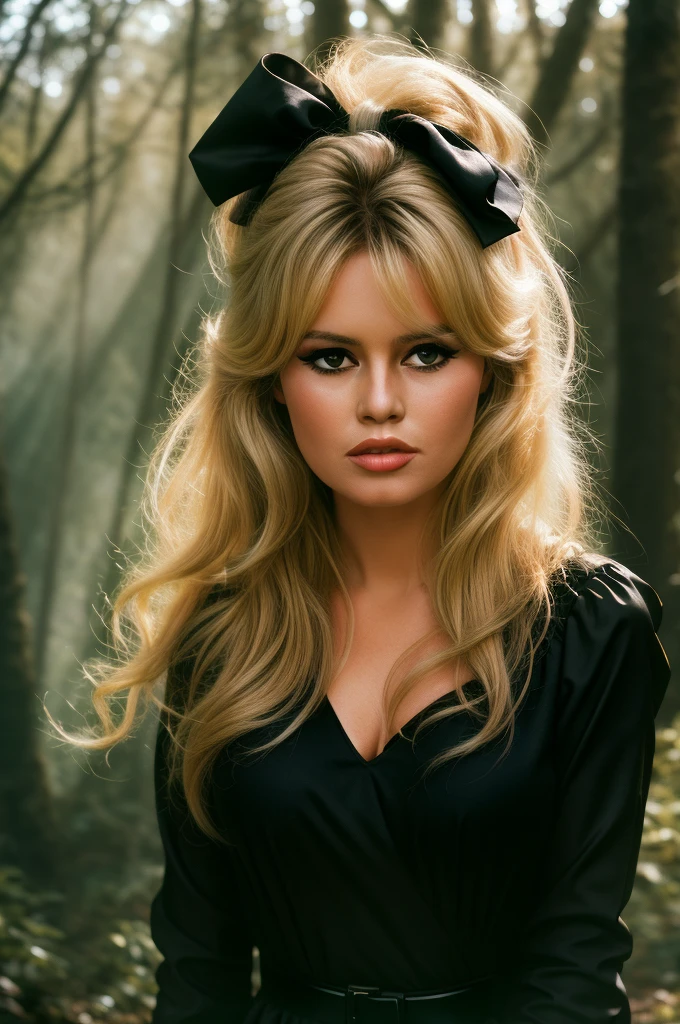 Detailed Photo of 1 bbardot woman with dark eye makeup and a black bow on her head, detailed face, Beautiful, Perfect Eyes, (highly detailed skin:1.1), perfect body, wearing a swing dress, Professional Photography, Soft Lighting, Photorealistic, Realistic, ((Fog:1.2)), ((in a Forest background)), blurred background, volumetric fog, God Rays, Bokeh, RAW, analog style, sharp focus, 8k, high res, DSLR, high quality, Fujifilm XT3, film grain, award winning, stunning