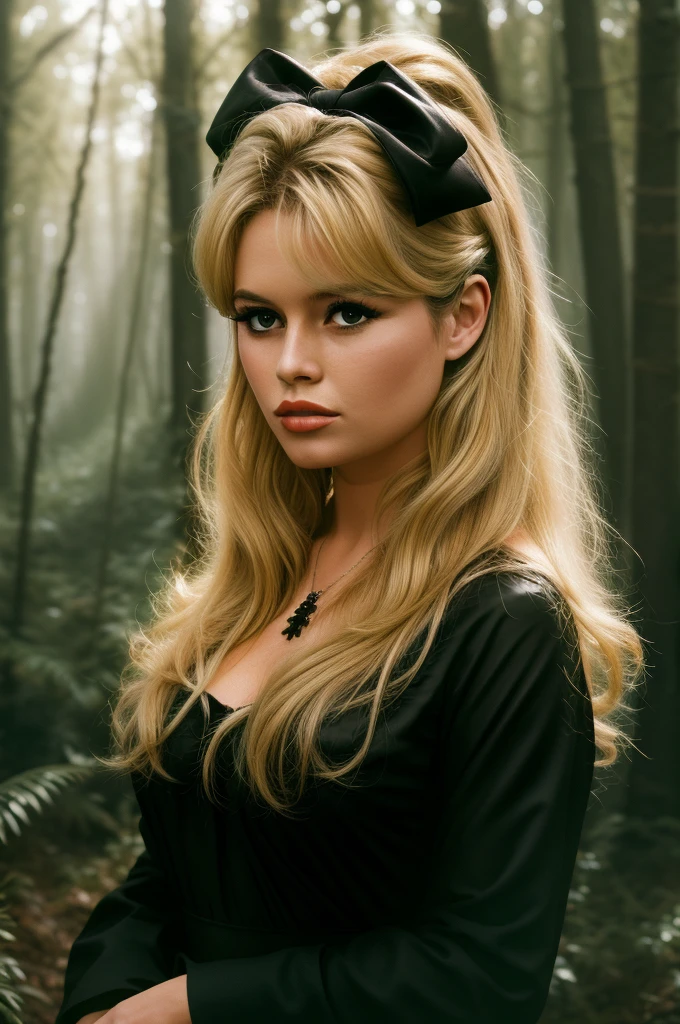 Detailed Photo of 1 bbardot woman with dark eye makeup and a black bow on her head, detailed face, Beautiful, Perfect Eyes, (highly detailed skin:1.1), perfect body, wearing a swing dress, Professional Photography, Soft Lighting, Photorealistic, Realistic, ((Fog:1.2)), ((in a Forest background)), blurred background, volumetric fog, God Rays, Bokeh, RAW, analog style, sharp focus, 8k, high res, DSLR, high quality, Fujifilm XT3, film grain, award winning, stunning