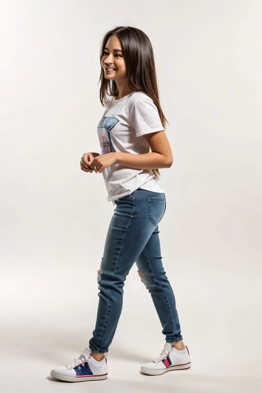 Wearing jeans、Have a skateboard、Congressman walking on white background, (1５Year old girl：1.66) ，socks、Black Hair，（Flat Chest：1.37），（smile：1.37）, （White sneakers）Profile of a girl walking, Full body cute young woman, Side view of her taking a step, Standing girl, Cute Girl's, Go right, Full body image, Looking into the camera