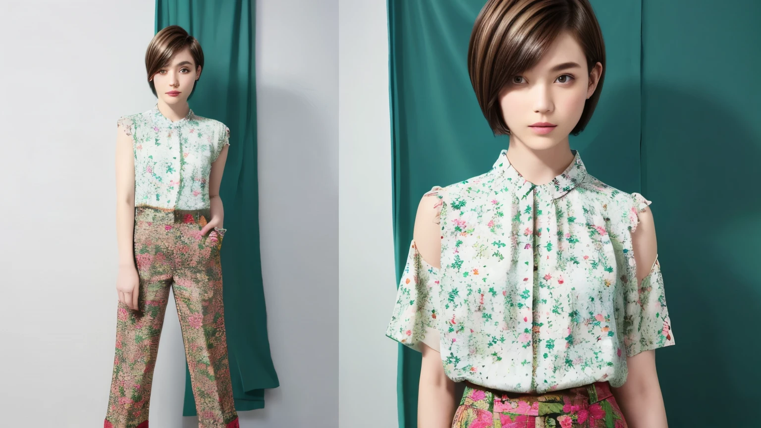 229 (18-year-old female,Floral clothes),  ((short hair:1.46)),  (Pants Style)