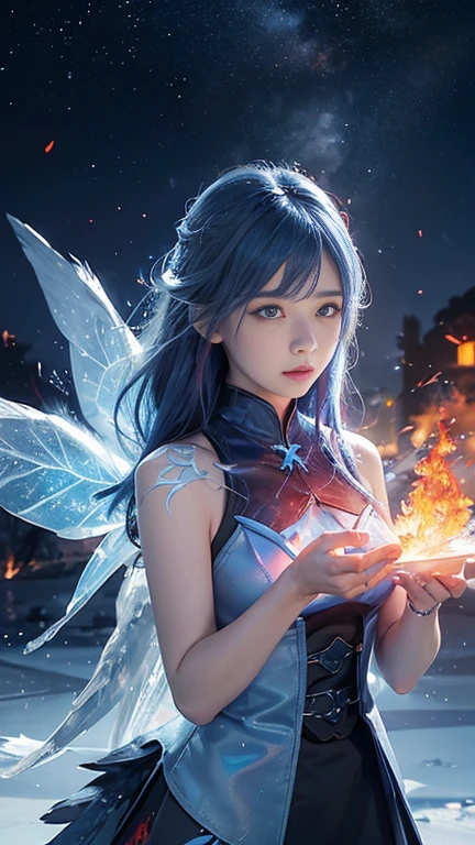 castle,,Kawaii,Huge file size,In winter,(blue sparks),(Red and blue hair),blue eyes, Burning sky,flame,Rainbow in the sky,((flame燃烧冰)),(((Fire butterflys))),(((Ice crystal texture wings))),(Sparks Fly),(Detailed ice),((a lot of luminous ice crystals)),((burning feathers)),(Feathers made of ice),(Frozen Feathers),(((A combination of ice and fire))),naughty_Face,Bullying,