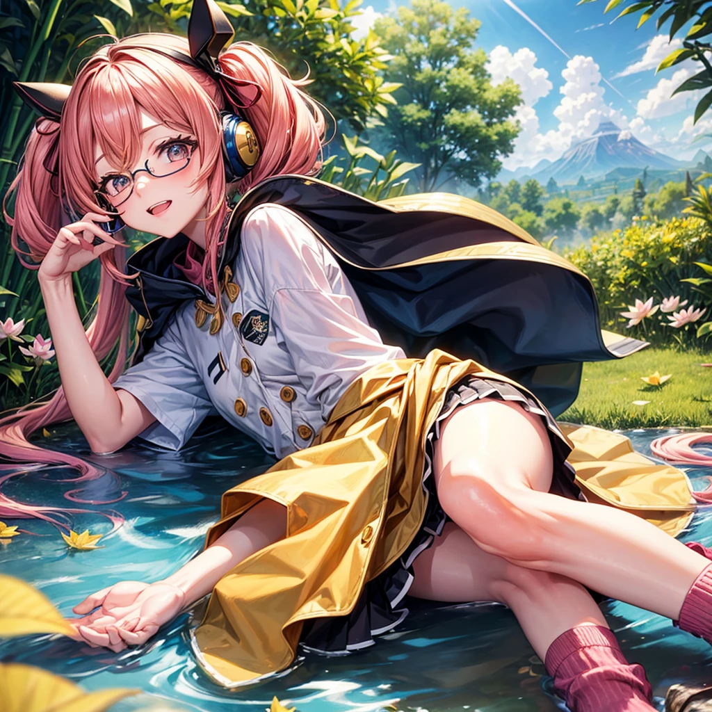 Pink Blue Gold Golden Hair、Golden Eyes、One good looking girl、Twin tails、solo、anime、Checkered mini skirt、The skirt has buttons、Red T-shirt、China、Cape、Black knee-high socks、Wearing headphones、Wearing a ribbon、Ribbon on waist、Tilting face、Teeth are visible、Sunset sky、Water Mountain、Piercing the clouds、Contrail、Tinted Glasses、tree、Touching your face、lotus leaves、canal、Cumulonimbus、bamboo forest、Lying down