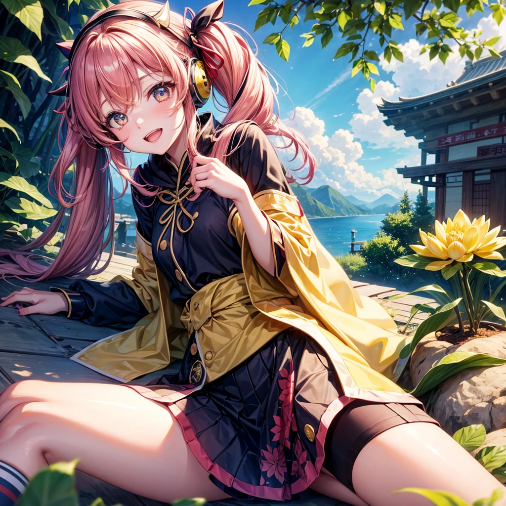 Pink Blue Gold Golden Hair、Golden Eyes、One good looking girl、Twin tails、solo、anime、Checkered mini skirt、The skirt has buttons、Red T-shirt、China、Cape、Black knee-high socks、Wearing headphones、Wearing a ribbon、Ribbon on waist、Tilting face、Teeth are visible、Sunset sky、Water Mountain、Piercing the clouds、Contrail、Tinted Glasses、tree、Touching your face、lotus leaves、canal、Cumulonimbus、bamboo forest、Lying down