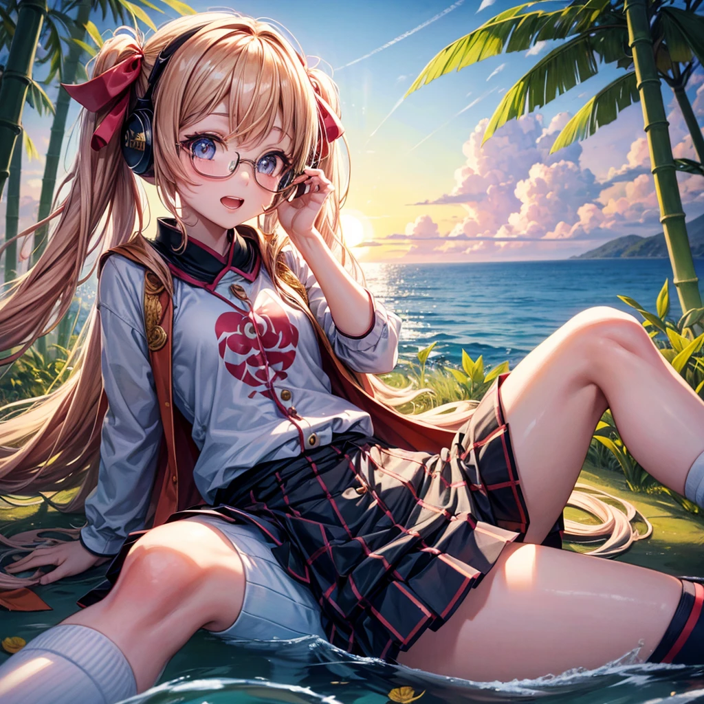 Pink Blue Gold Golden Hair、Golden Eyes、One good looking girl、Twin tails、solo、anime、Checkered mini skirt、The skirt has buttons、Red T-shirt、China、Cape、Black knee-high socks、Wearing headphones、Wearing a ribbon、Ribbon on waist、Tilting face、Teeth are visible、Sunset sky、Water Mountain、Piercing the clouds、Contrail、Tinted Glasses、tree、Touching your face、lotus leaves、canal、Cumulonimbus、bamboo forest、Lying down