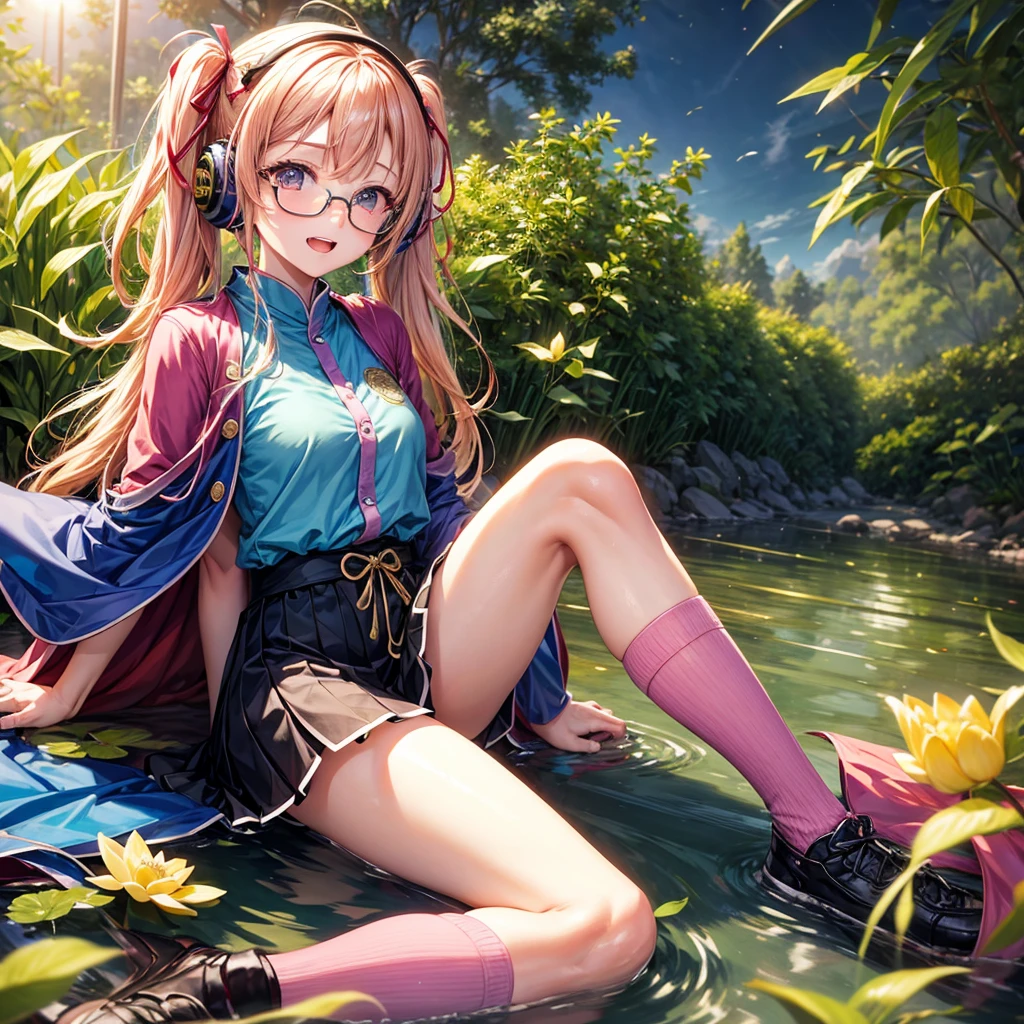 Pink Blue Gold Golden Hair、Golden Eyes、One good looking girl、Twin tails、solo、anime、Checkered mini skirt、The skirt has buttons、Red T-shirt、China、Cape、Black knee-high socks、Wearing headphones、Wearing a ribbon、Ribbon on waist、Tilting face、Teeth are visible、Sunset sky、Water Mountain、Piercing the clouds、Contrail、Tinted Glasses、tree、Touching your face、lotus leaves、canal、Cumulonimbus、bamboo forest、Lying down