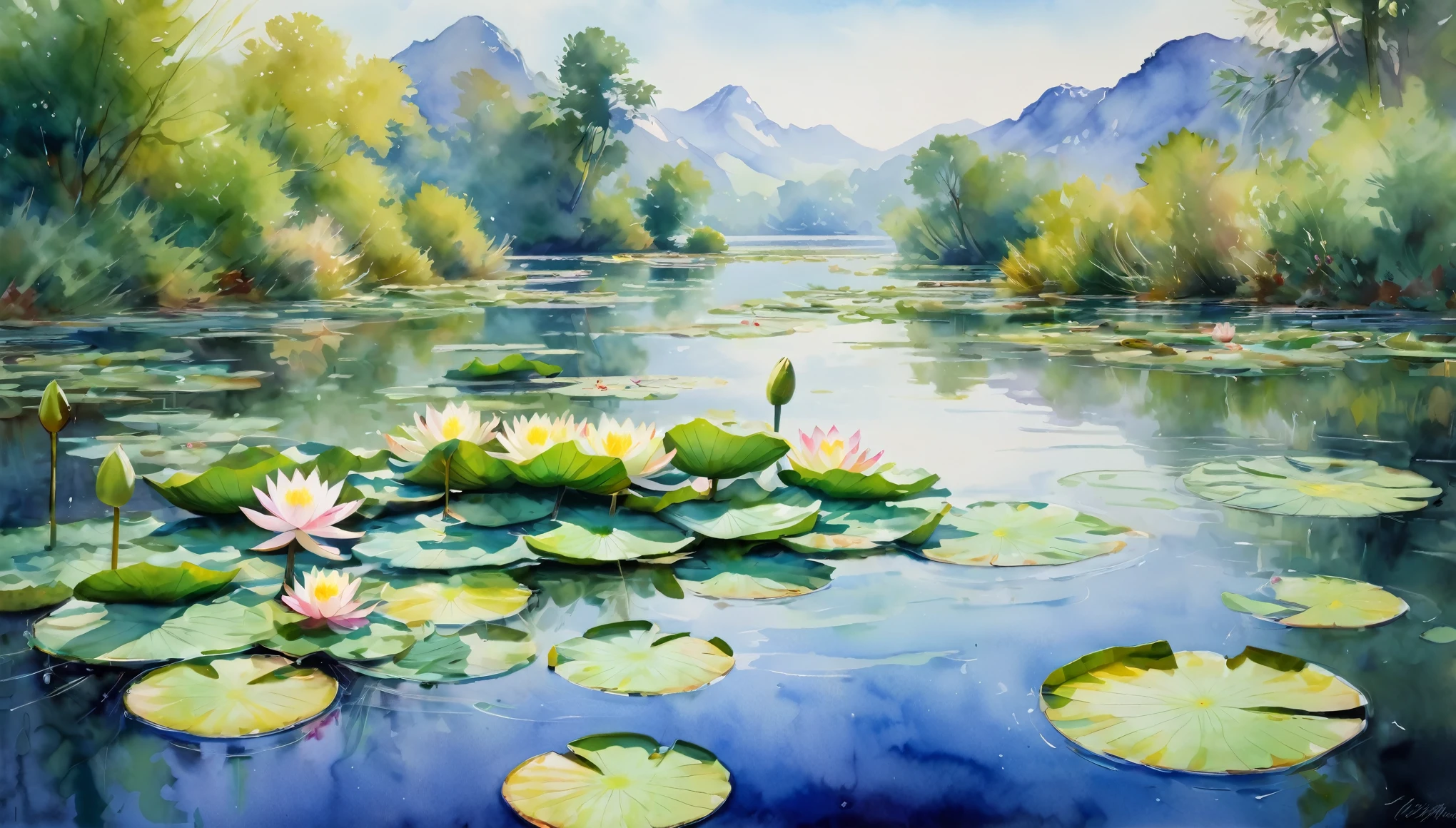On the screen, the soft colored water lily leaves and flowers sway in the water, interweaving with light and shadow to create a harmonious and peaceful picture. This work not only showcases Monet's superb painting skills, but also conveys his love and admiration for nature and life,Watercolor, Landscape, Plan, Composition, Sketch, Sky, Wash, Mountains, Hills, Distance, Foreground, Trees, Bushes, Rocks, Details, Highlights, Dry, Final Appearance, Colors, Technique, Color Combinations, Creativity, (masterpiece, best quality:1.2)